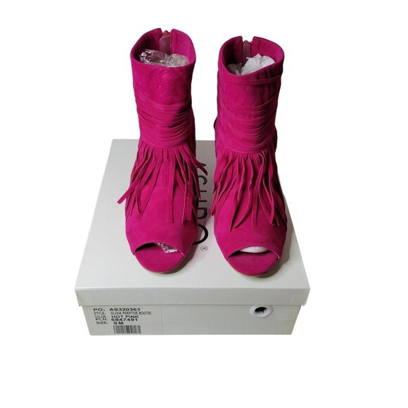 Hot Pink Fringe Peep Toe Booties Size 9 Faux Suede - Picture 1 of 7